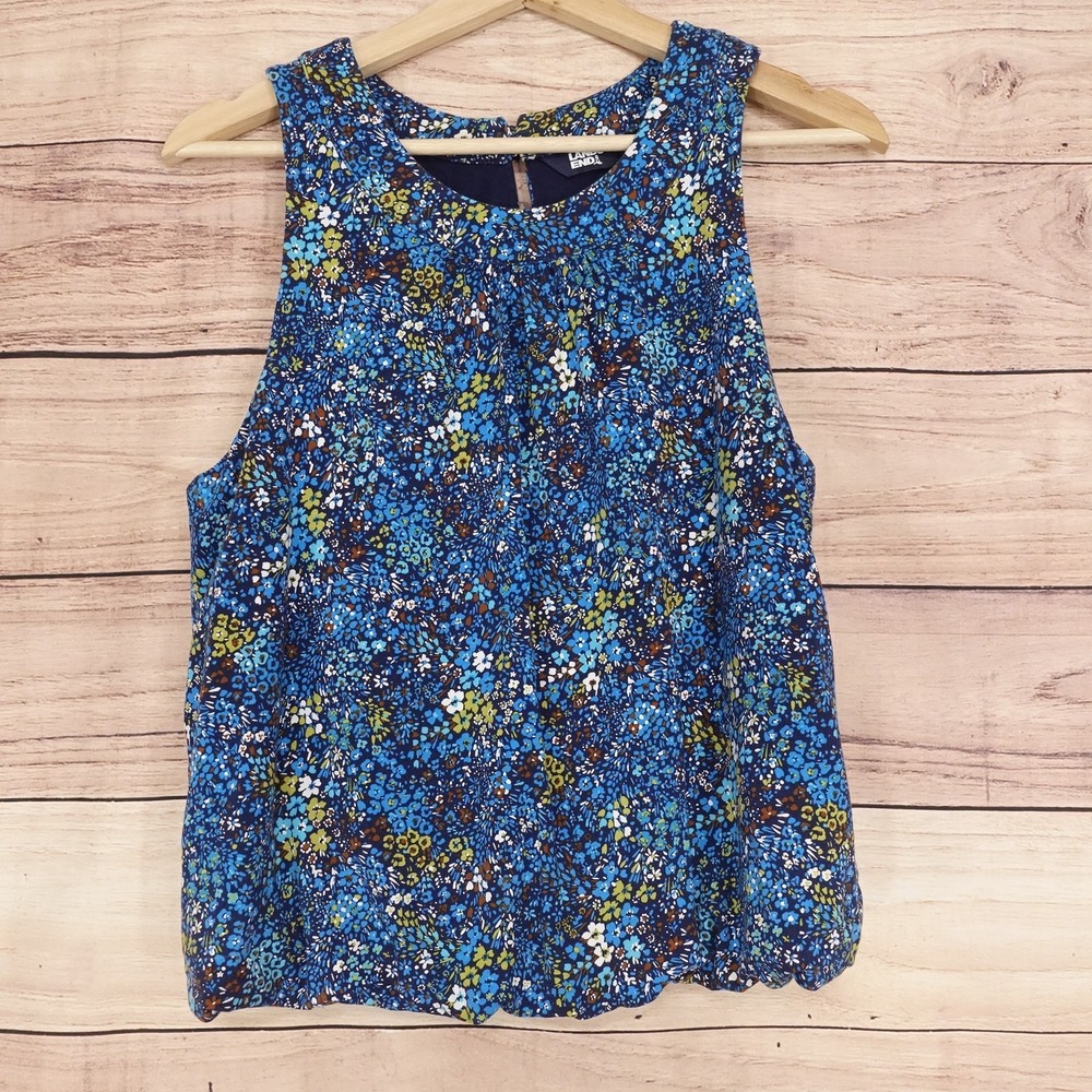 Lands' End Tank Womens S Blue Floral Round Neck Sleeveless Stretch Knit Top
